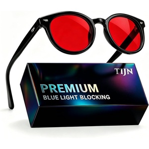 image:imageTIJN Blue Light Blocking Glasses Men Women Vintage Thick Round Rim Frame Eyeglasses24 Upgraded Red Lens  Jet Black