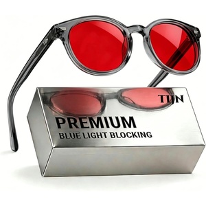 image:imageTIJN Blue Light Blocking Glasses Men Women Vintage Thick Round Rim Frame Eyeglasses25 Upgraded Red Lens  Crystal Grey